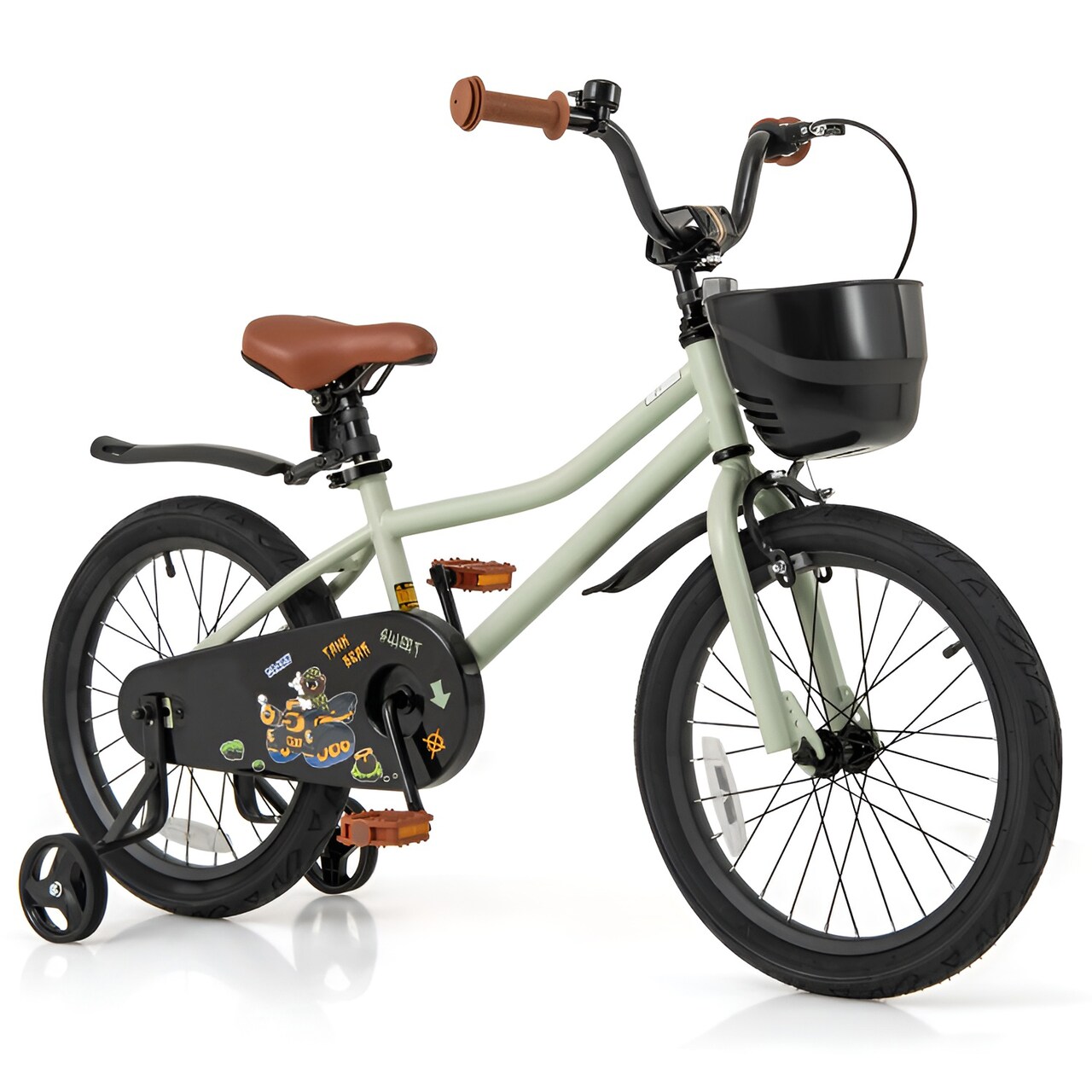 Green Metal Kids Bike with Dual Brakes, Training Wheels and Basket Perfect for Children's